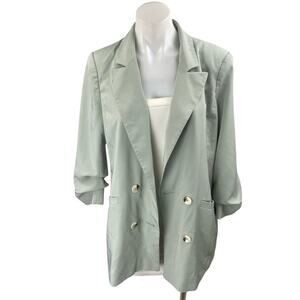 Miss Selfridge Green Double Breasted Ruched 3/4 Sleeve Blazer Coat Jacket Size 8